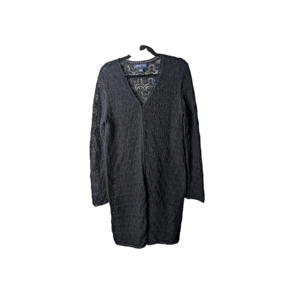 Jones New York Vintage Long Crochet Cardigan Duster Sweater Blk Sz L Cotton